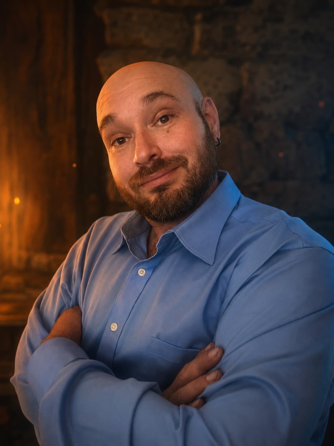 Alexander Dean standing in warm forge light