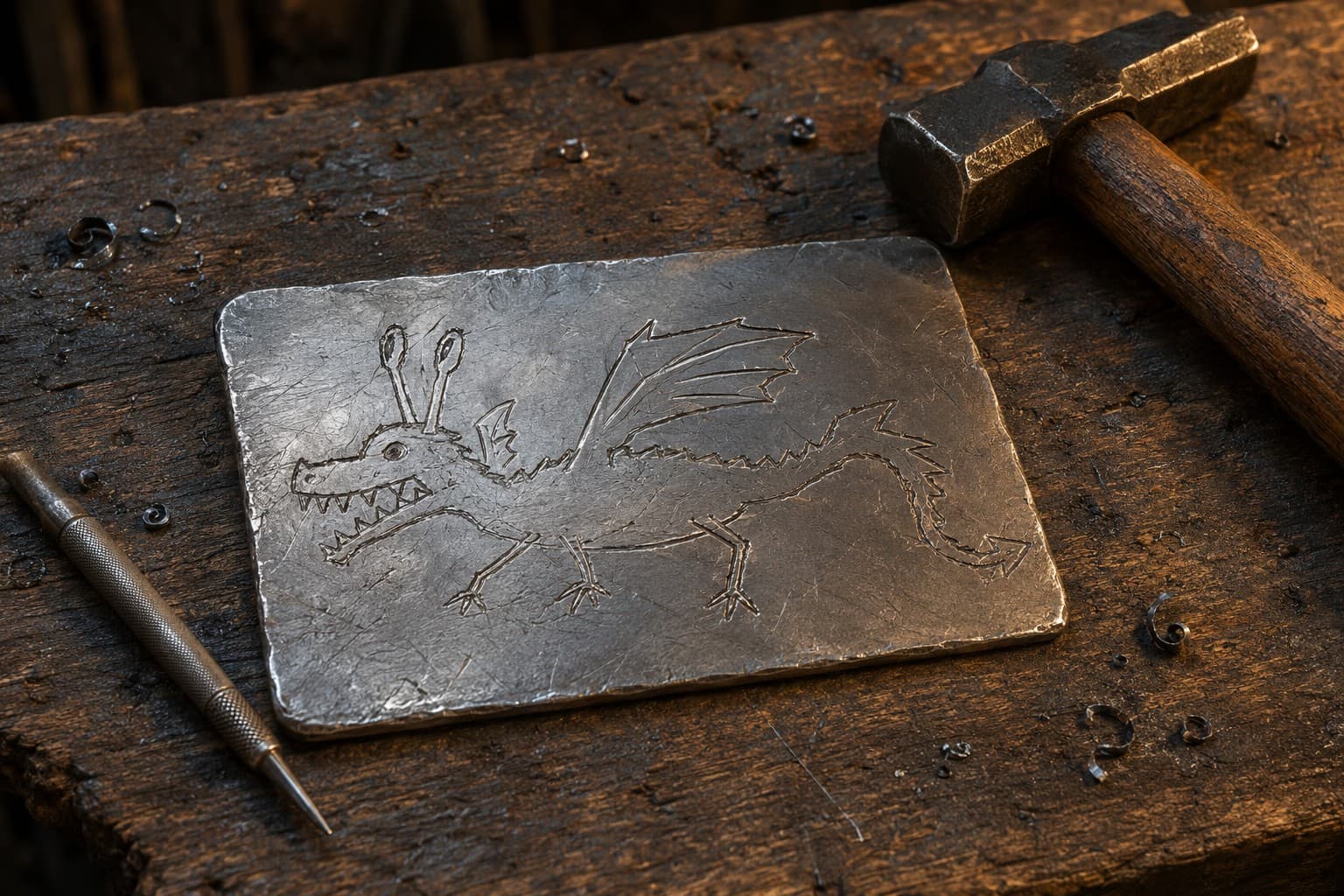 Arden’s awkward dragon engraving on a steel plate, looking suspiciously like a rabbit