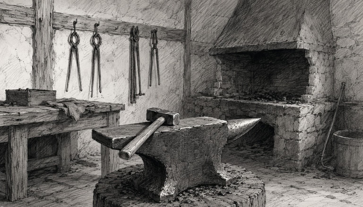 A quiet hand-drawn forge with an anvil, resting hammer, workbench, and hanging tools