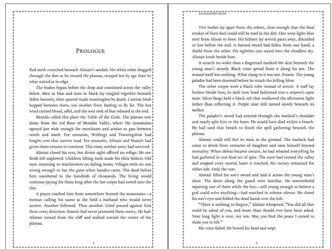 KDP Previewer spread showing the manuscript text inside the dotted safety lines with a narrow-looking inside margin at the gutter