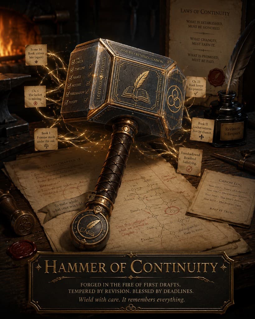 The Hammer of Continuity surrounded by editorial notes, parchment, and glowing threads of revision